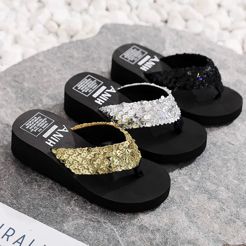 Women's Sequin Platform Wedge Flip Flops – Summer Beach Sandals