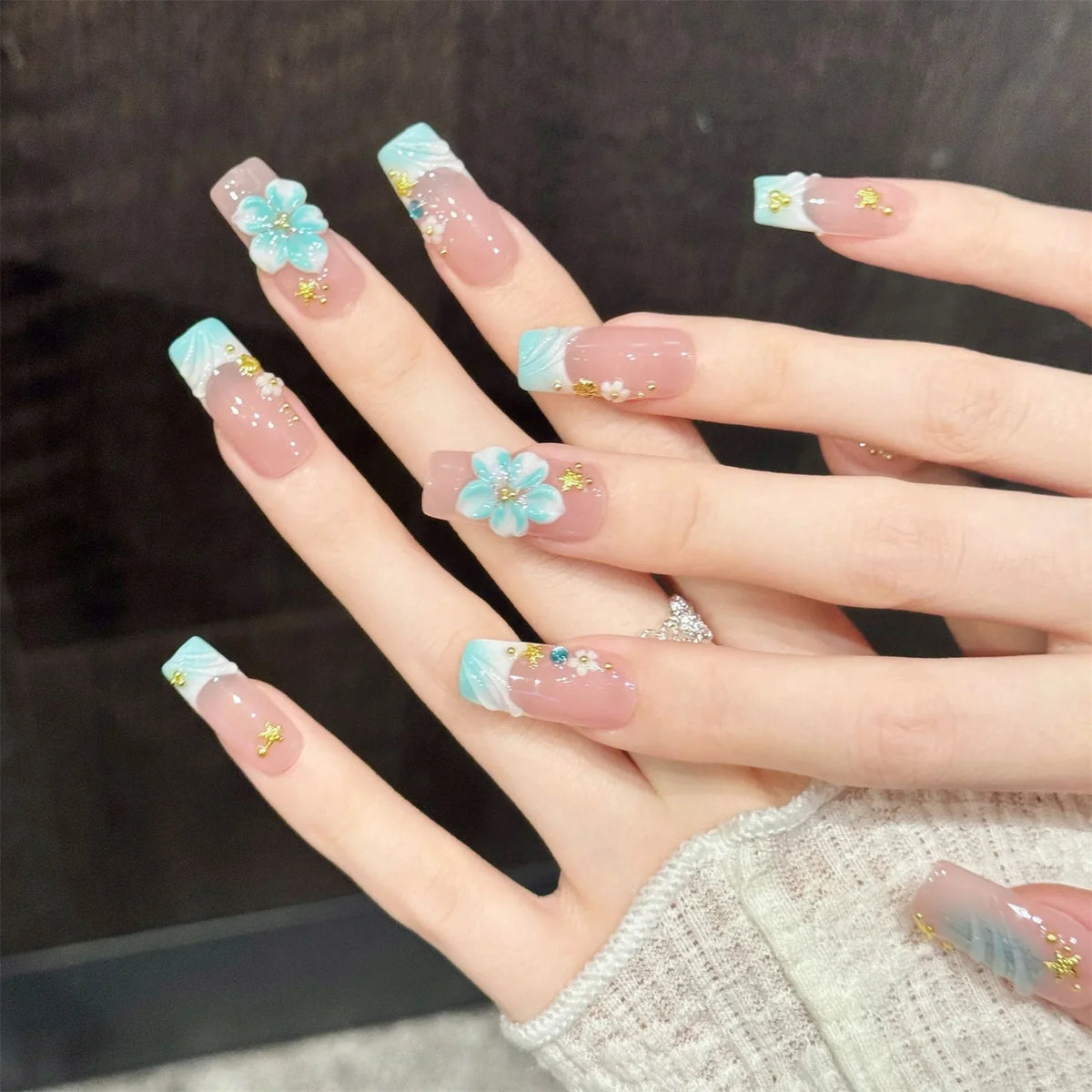 Handmade Press On Nails – Ocean 3D Flower Long Square | 10pcs
