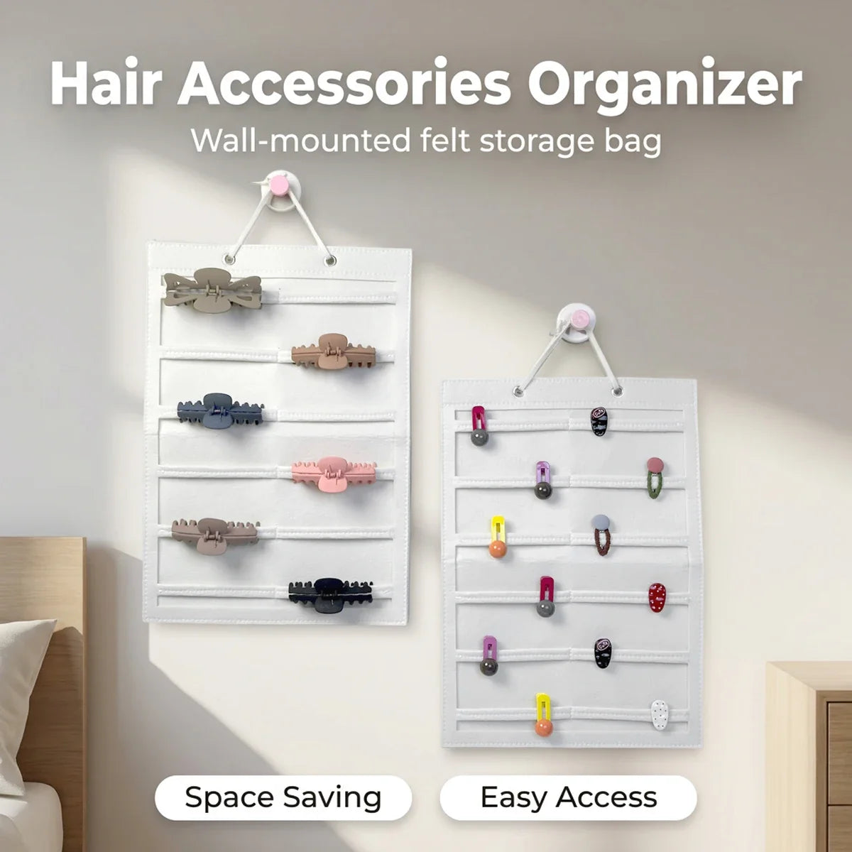 Felt White Striped Pocket Hair Accessory Storage Hanging Bag Foldable