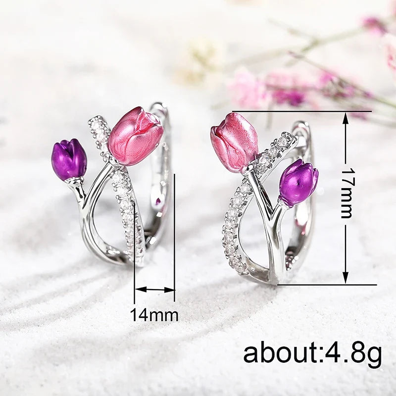 Huitan Pink Purple Tulip Hoop Earrings – CZ Flower Jewelry