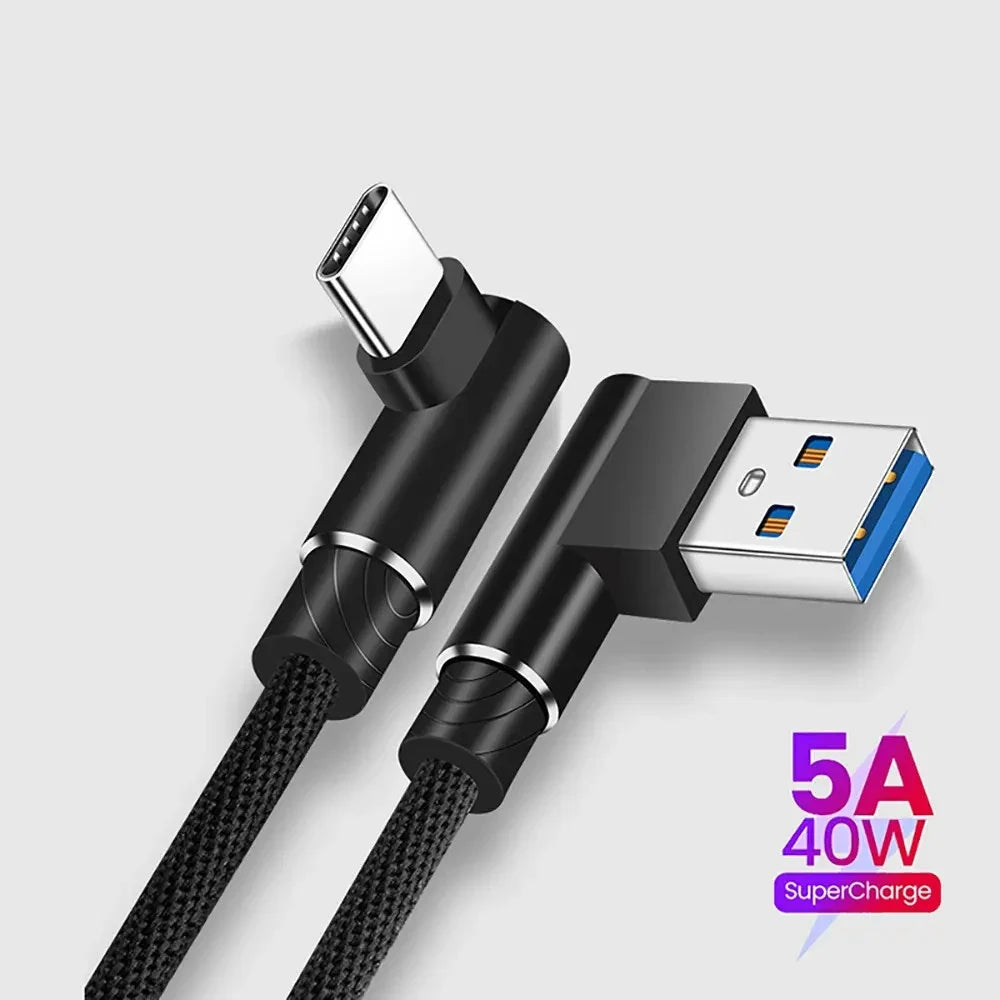 40W 5A USB-C 90° Braided Fast Charging Cable 1M/2M