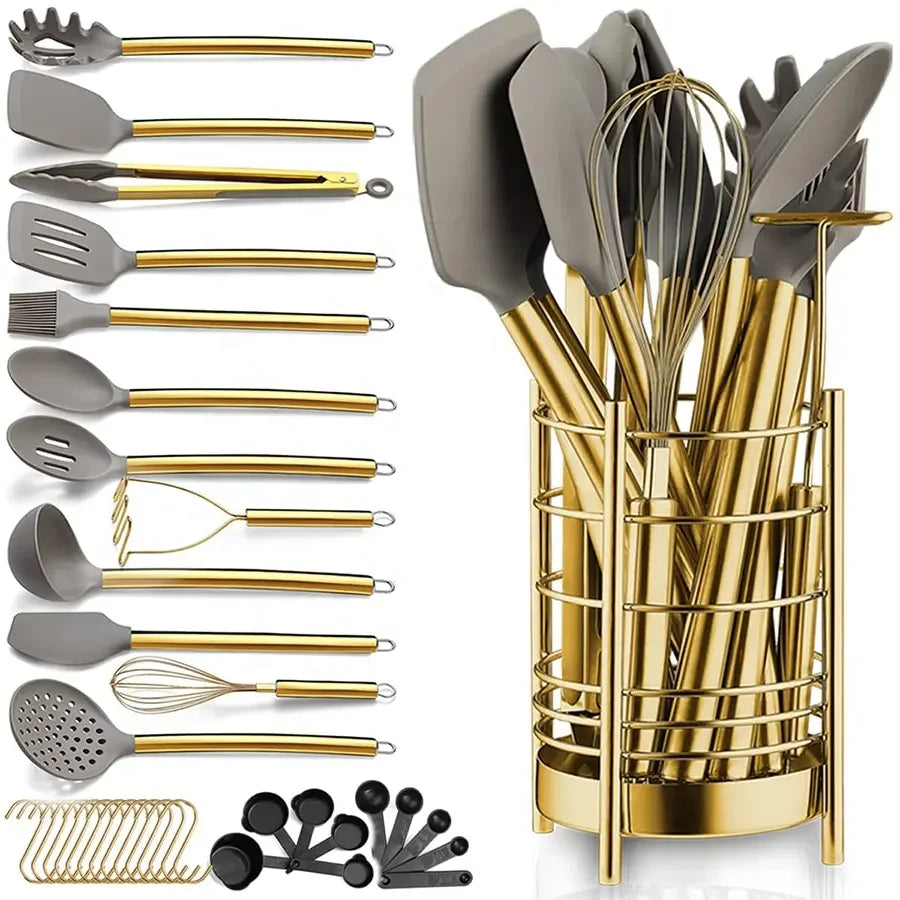 33-Piece Silicone Kitchen Utensil Set – Wooden Handle Cookware