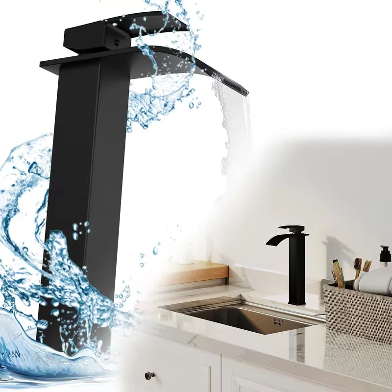 Black Tall Waterfall Bathroom Faucet | Single Hole Ceramic Valve