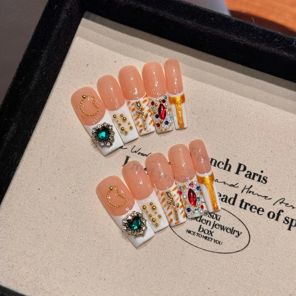Retro Green Crystal Coffin Press-On Nails | Gothic Long False Nails