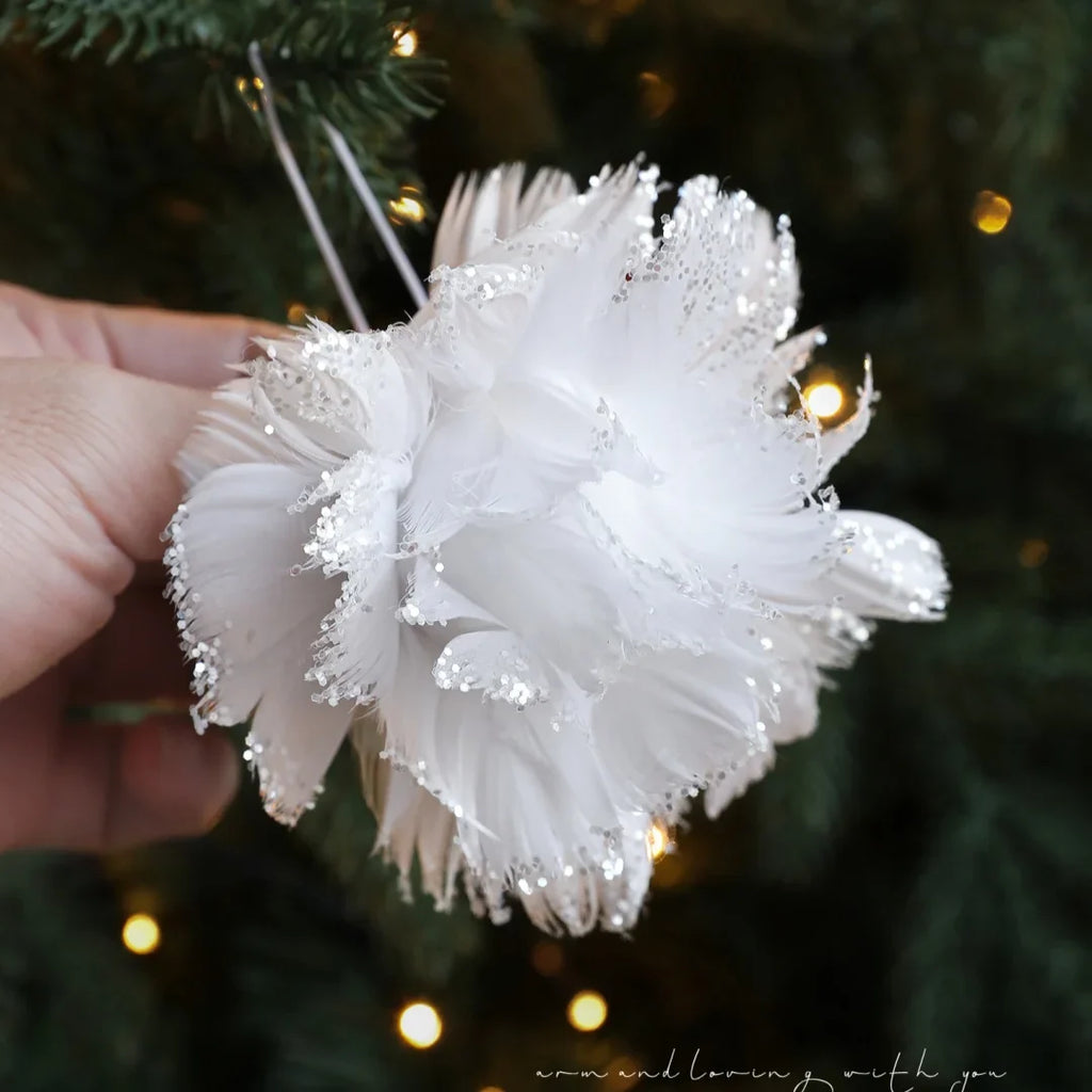Pink White Feather Petal Glitter Christmas Foam Ball Ornament