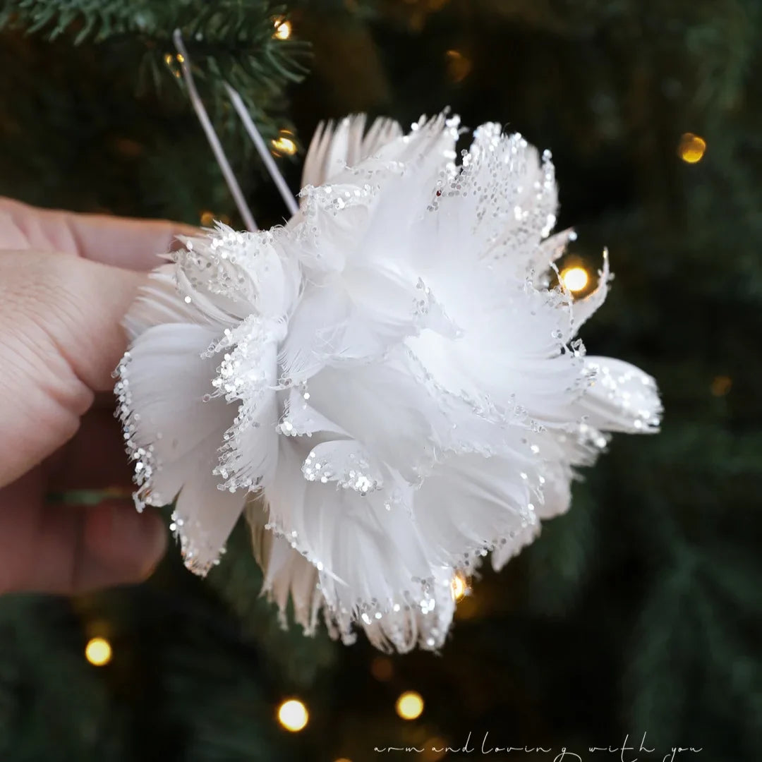 Pink White Feather Petal Glitter Christmas Foam Ball Ornament
