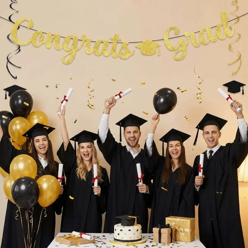 Gold Glitter Graduation Party Banner Garland – Reusable Decor