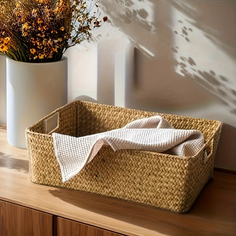 Handwoven Rattan Basket Rectangular Storage Organizer Bathroom