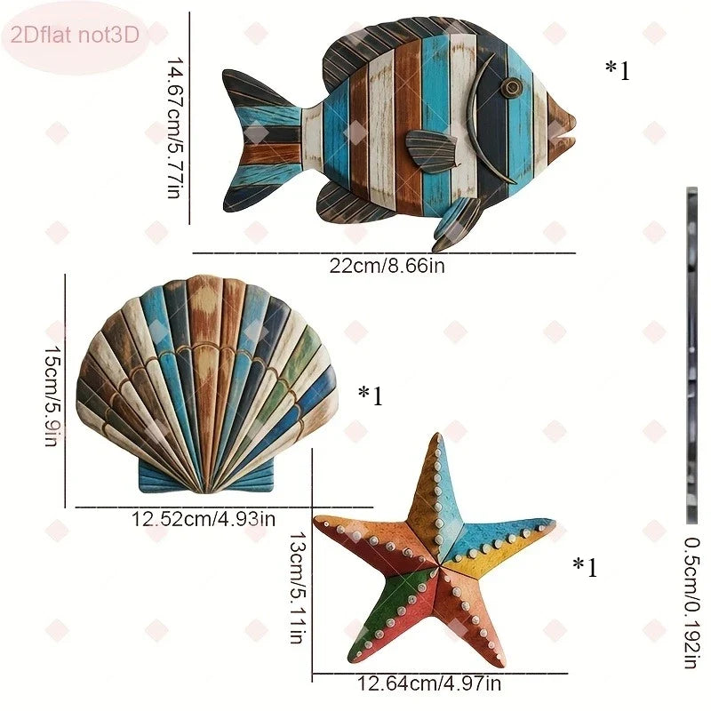 3-Piece Wooden Ocean Art – Fish Shell Starfish Farmhouse Decor