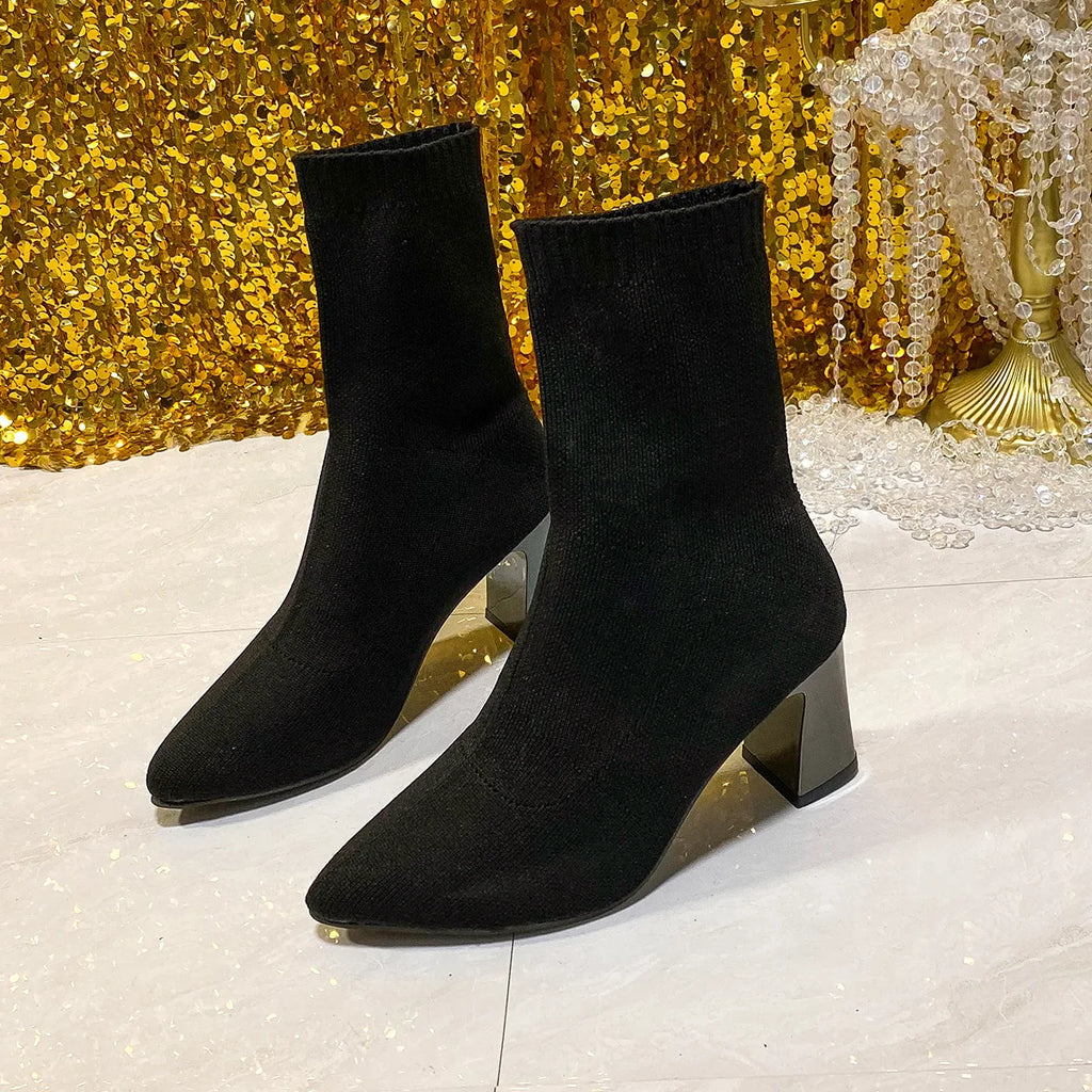 Women's Pointed Toe Chunky Heel Ankle Sock Boots | Slip-On