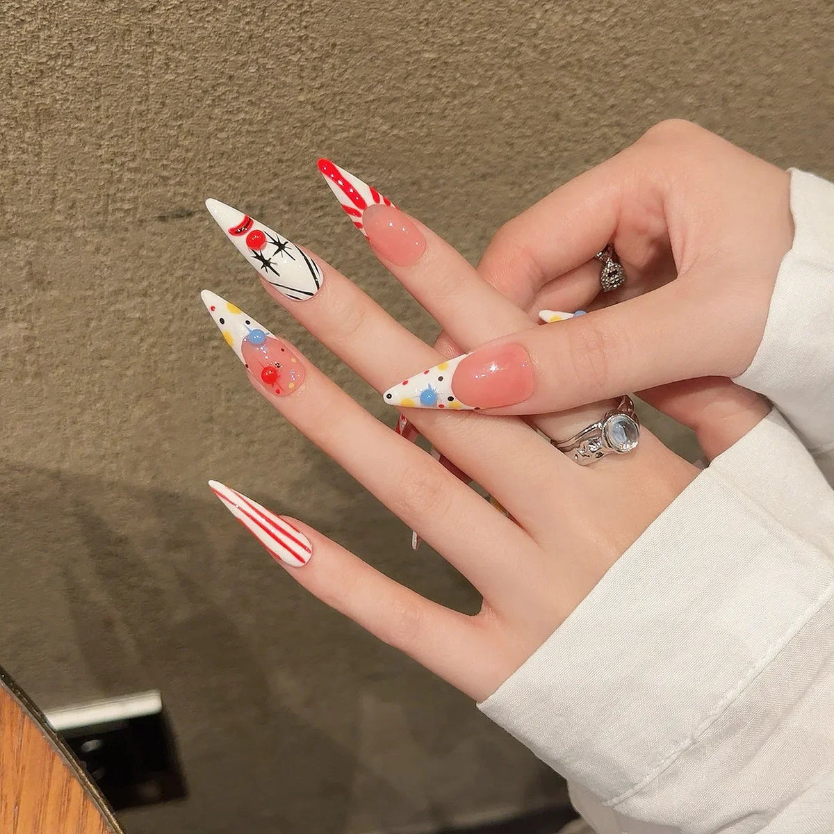 Handmade Press Nails French Long Almond Fake Women Wearable European