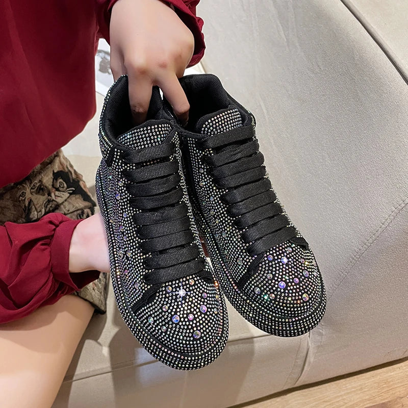 Women's Rhinestone Platform Sneakers – Shiny Lace-Up Casual Shoes