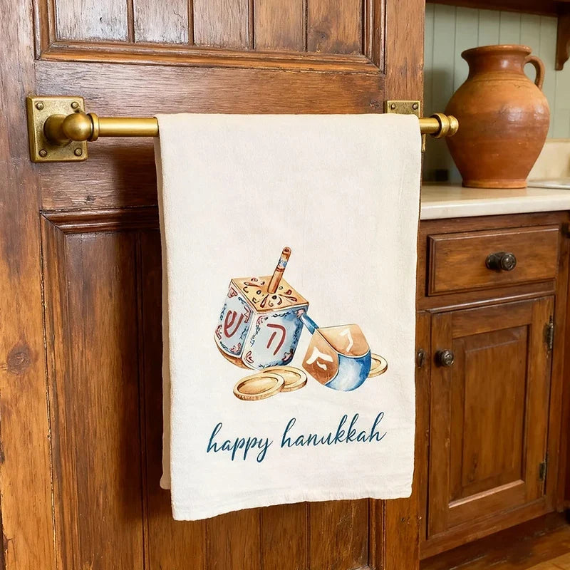 Happy Hanukkah Cotton Tea Towel – Dreidel & Coins Flour Sack