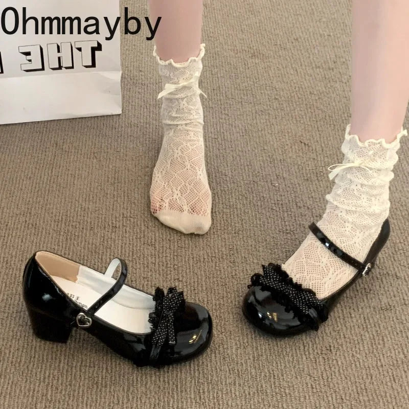 Black Y2K Butterfly-Knot Mary Jane Heels | Lolita Party Pumps