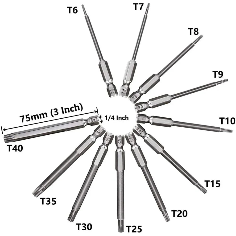 11-Pc Magnetic Torx Security Bit Set T6–T40 | 1/4" Hex