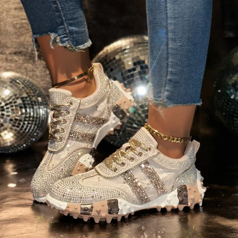 Women's Rhinestone Platform Sneakers – Diamond Mesh Casual Shoes