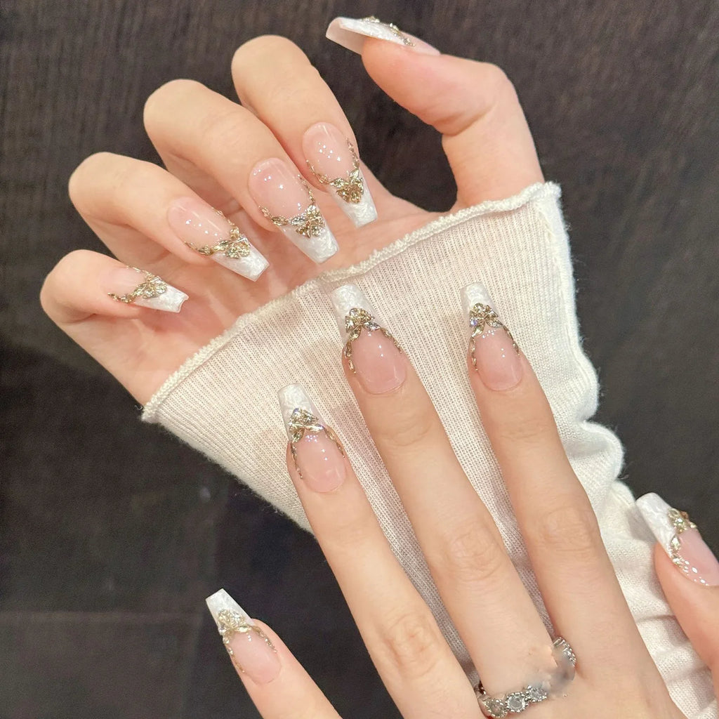 Handmade Press On Nails White Aurora French Almond – 10pcs Set