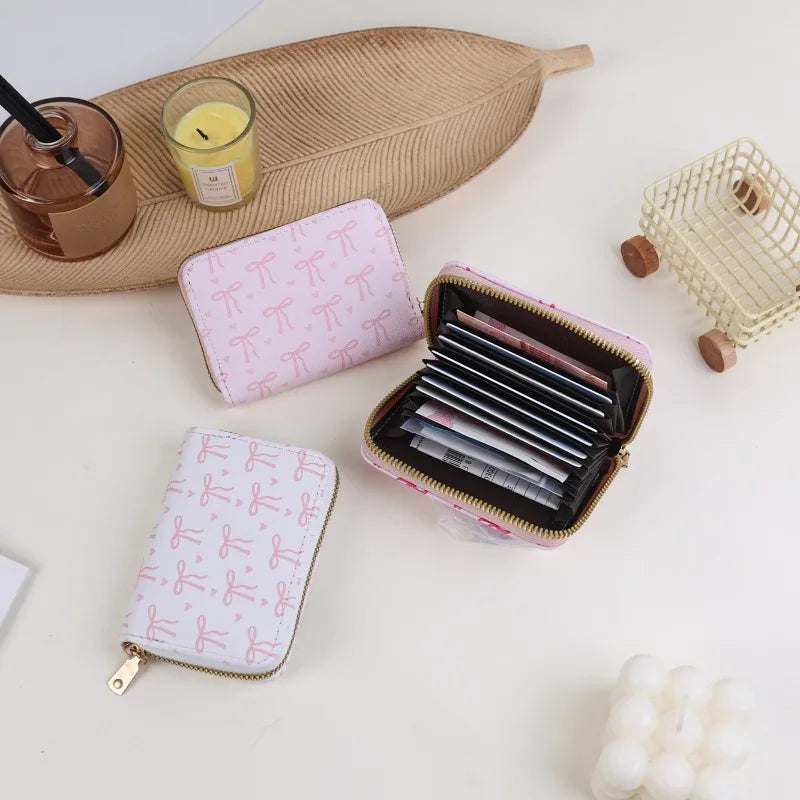 Korean Multi-slots Zipper Mini Coin Purse Pink Sweet Bowknot Card