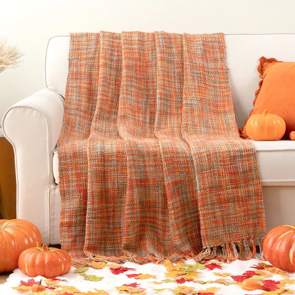 Battilo Orange Boho Cable Knit Throw Blanket with Tassels