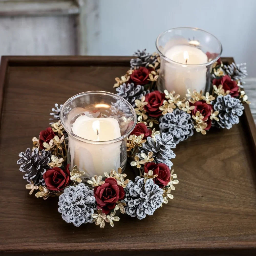 Christmas Candlestick Wreath Red Fruit Artificial Flowers Candle Ring
