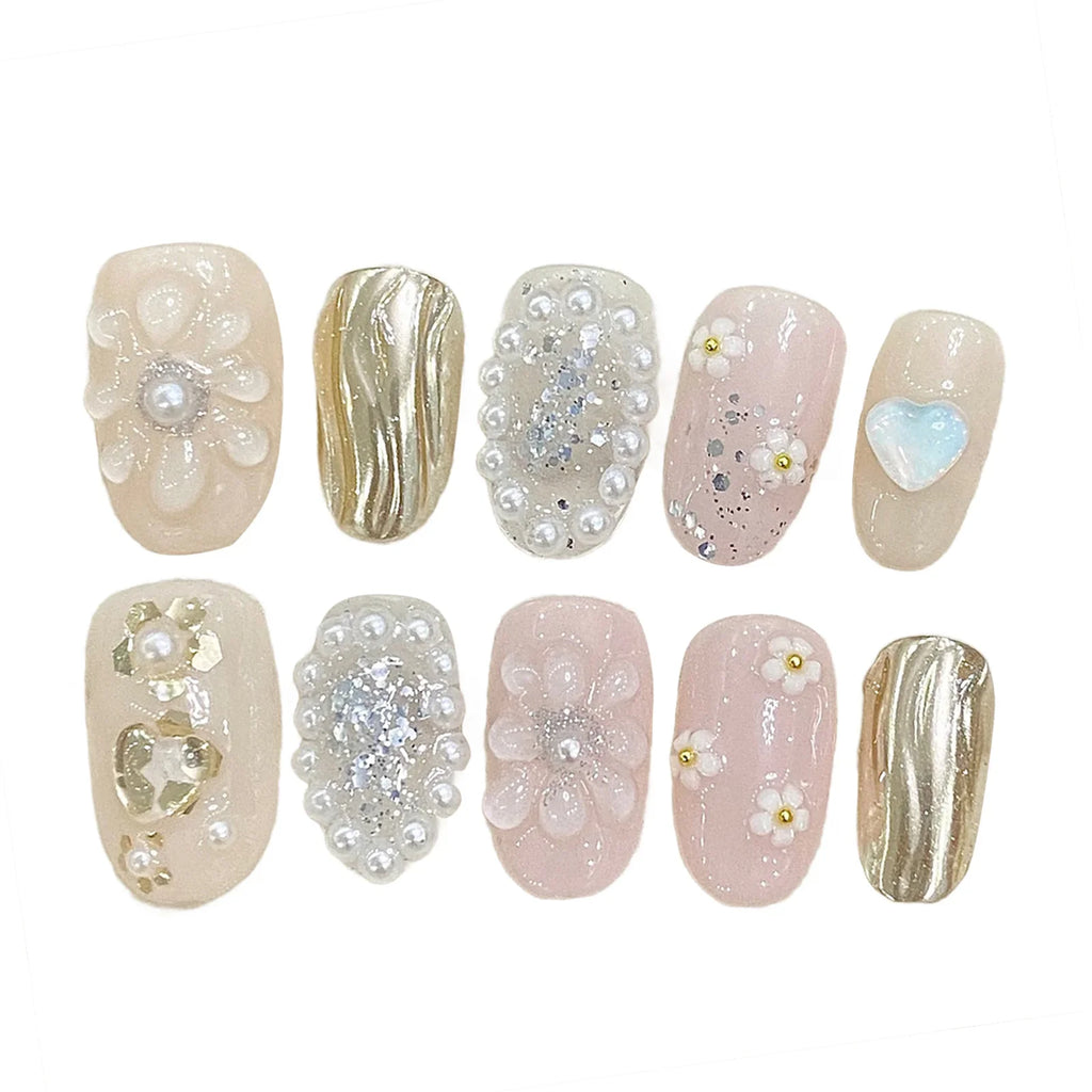 3D Flower Pearl Gold Foil Press On Nails | Short Round Bridal