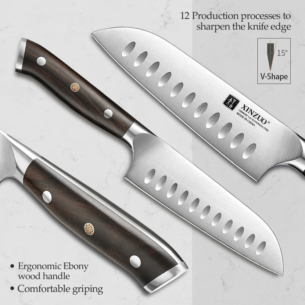 XINZUO 5-Inch Santoku Knife | German DIN 1.4116 Steel & Ebony Handle