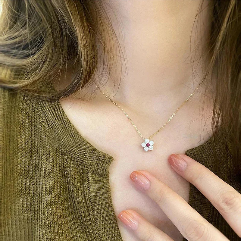 Huitan Flower Pendant Necklace Red CZ | Women's Fashion