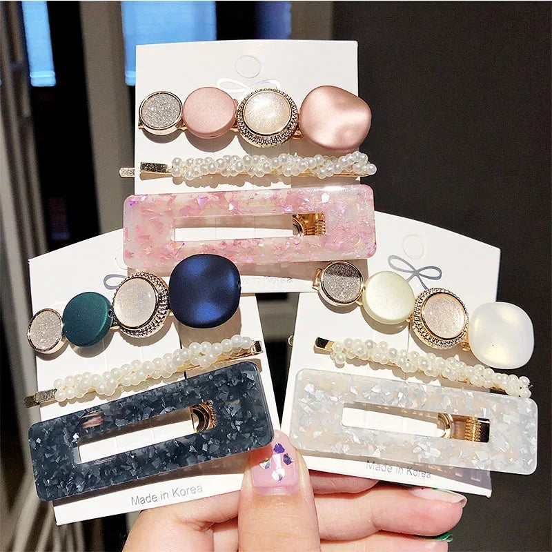 Korean Pearl Hair Clips – Gold Geometric Acrylic Barrettes 4 Sets