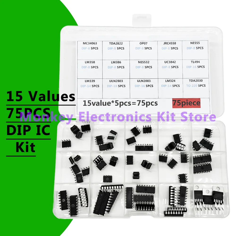 75PCS 15-Value DIP IC Kit – NE555, LM358, LM386 & More