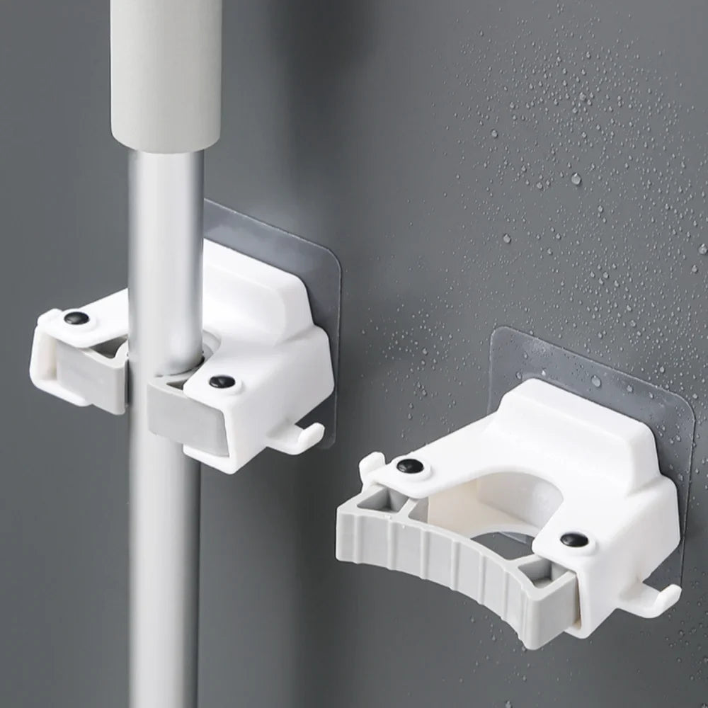 Punch-Free Wall-Mounted Mop Holder Rack with Hook | ABS Clamp