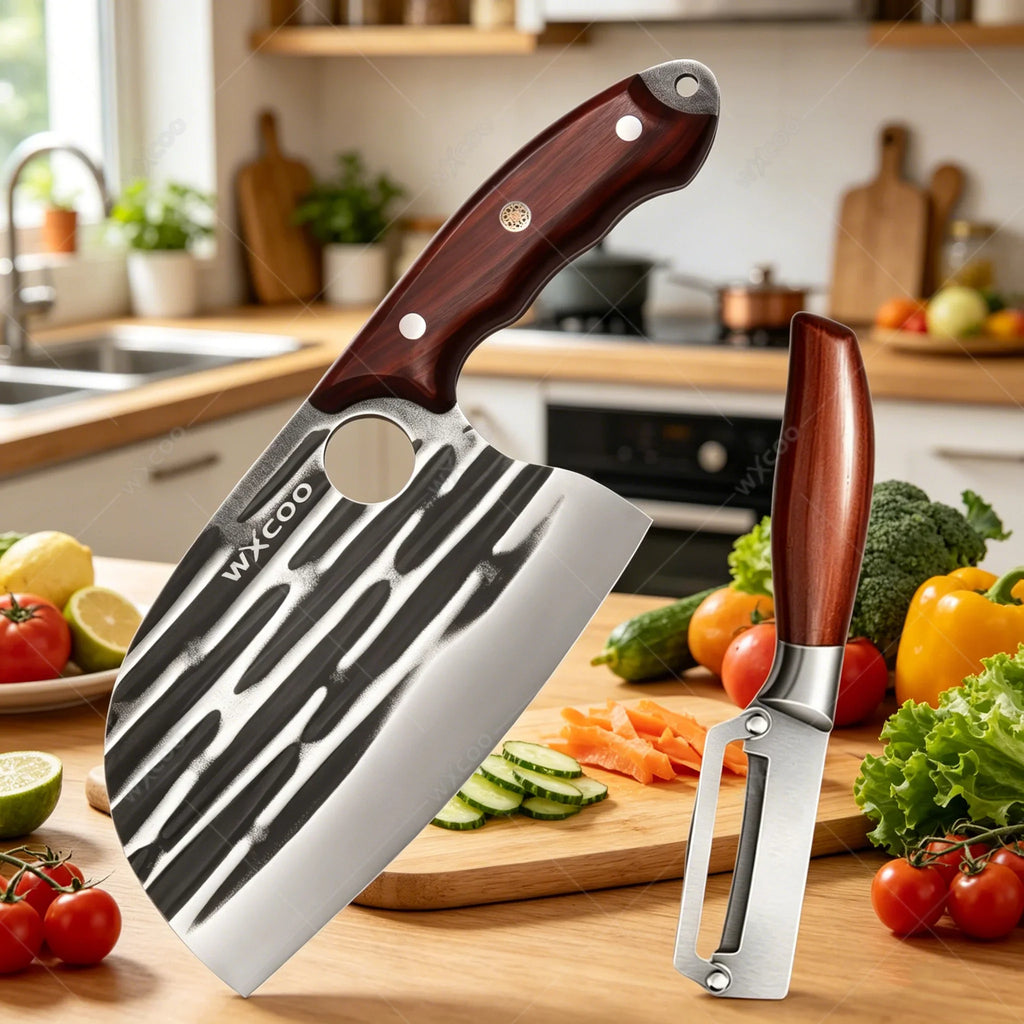 WXCOO Stainless Steel Chef Cleaver & Peeler Set | Wood Handle