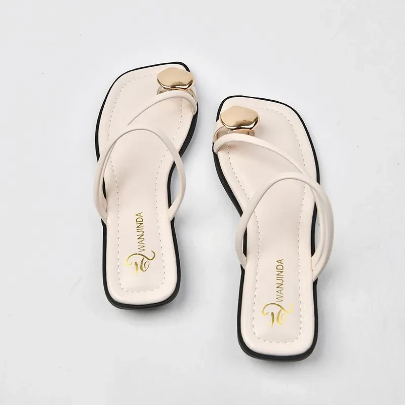 Women's Retro Luxury Sandals – Metal Detail Square Heel Slippers