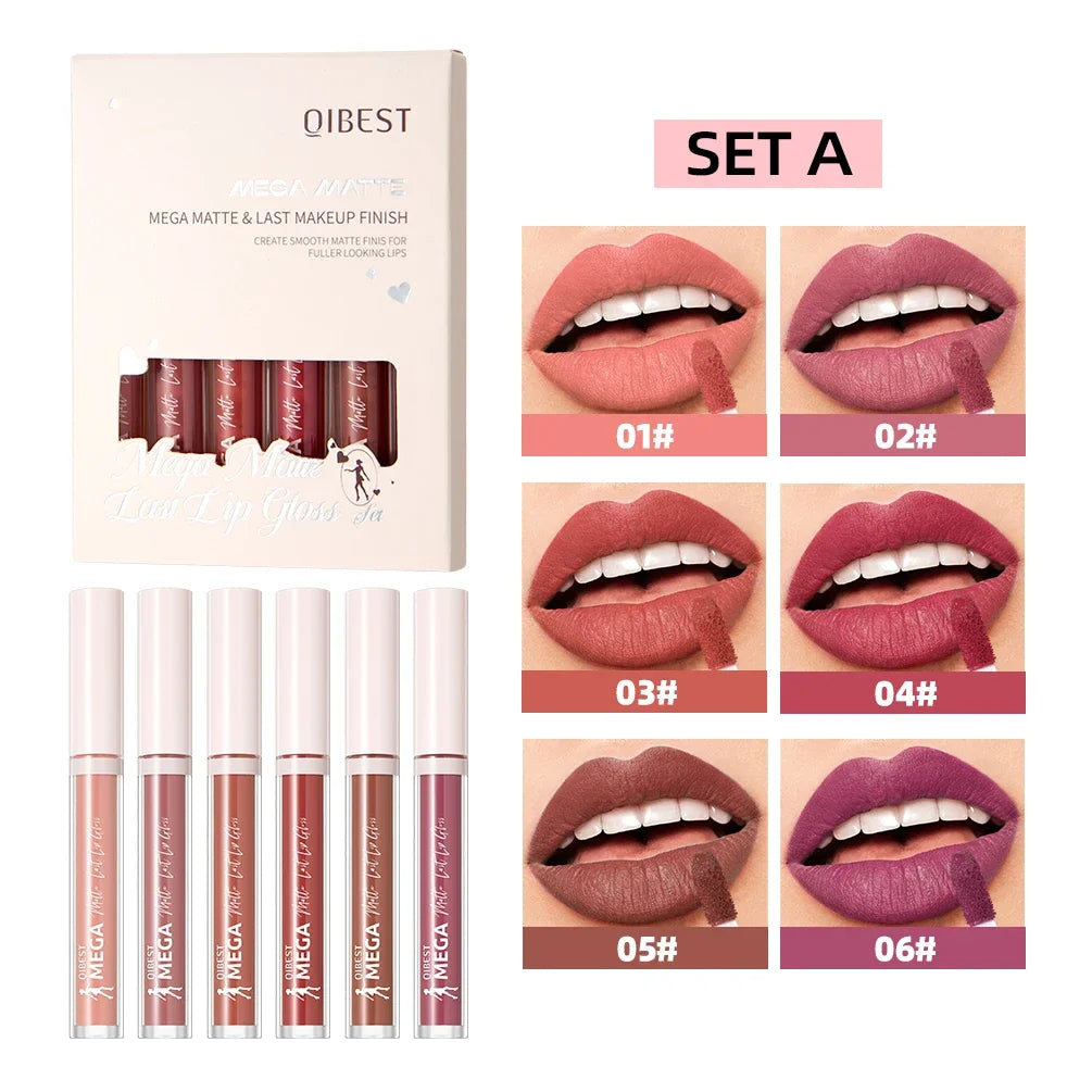 QIBEST 6-Color Matte Liquid Lipstick Set – Waterproof Long-Lasting