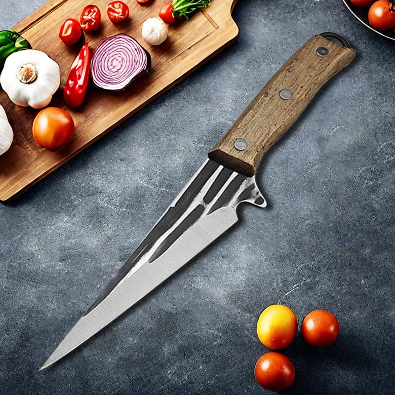 Full Tang Stainless Steel Boning Knife with Sheath & Wood Handle