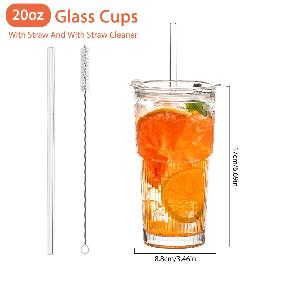 KEMORELA 600ml Stripe Glass Cup with Lid & Straw | 1 or 2 Pack