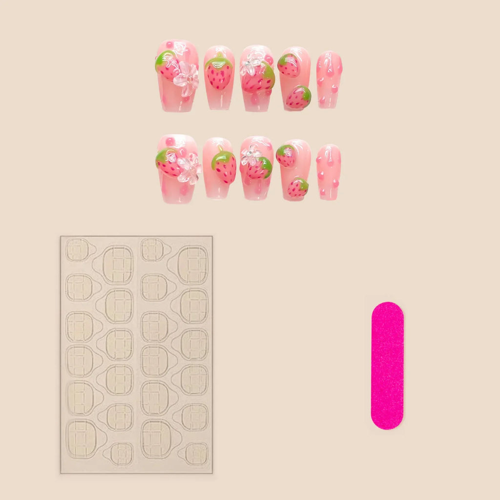 3D Strawberry Press-On Nails | Korean Style Cute Fake Nails