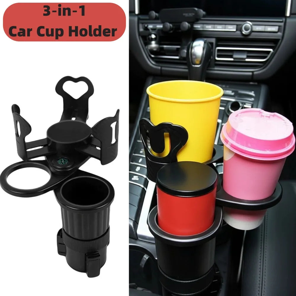 3 1 Car Cup Holder Expander Adapter 360 Rotatable Dual Built Compass