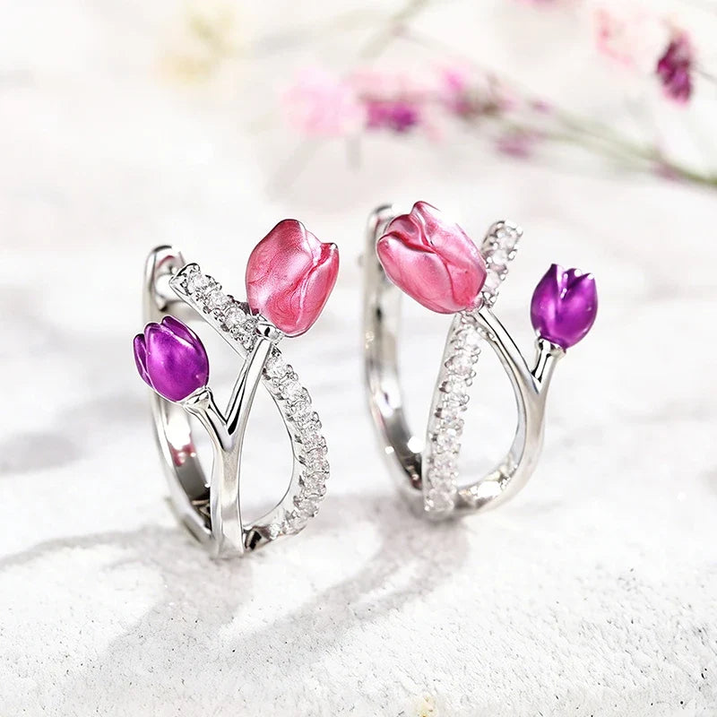 Huitan Pink Purple Tulip Hoop Earrings – CZ Flower Jewelry