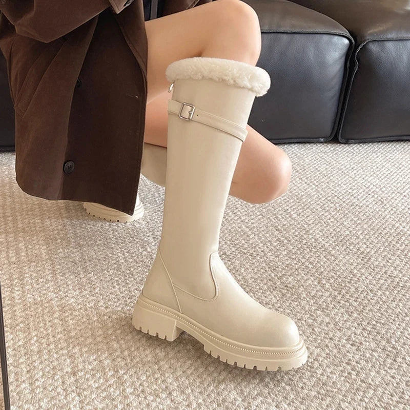 Women's Knee High Boots – Block Heel Zip Faux Leather