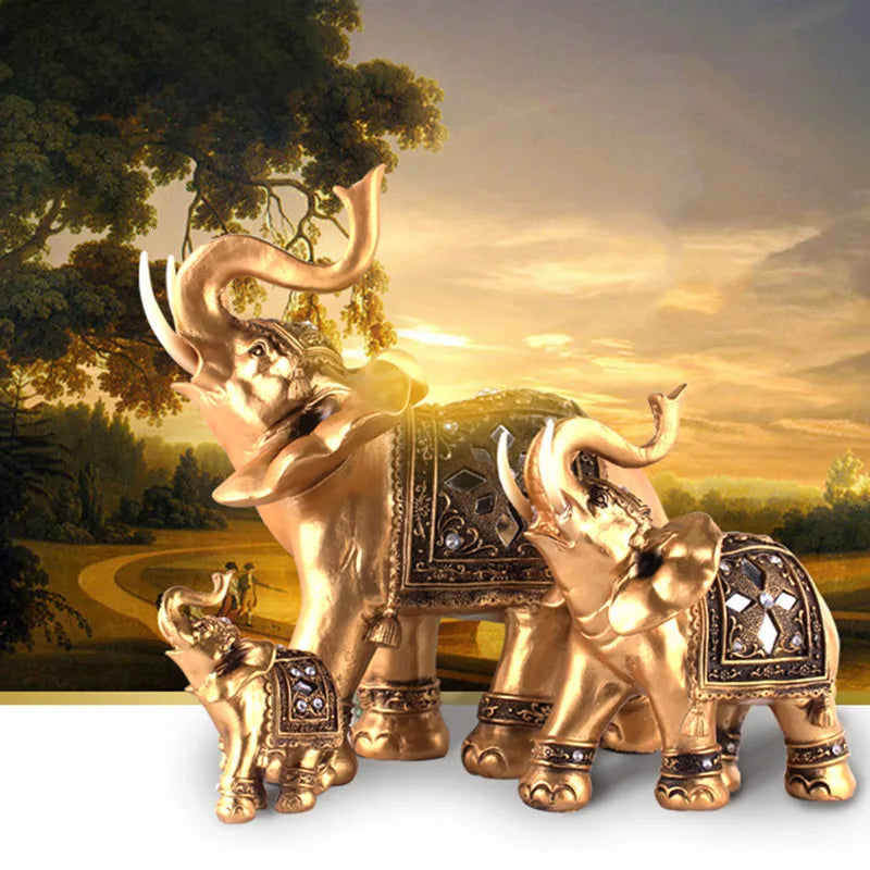 Golden Resin Elephant Statue – Feng Shui Lucky Figurine Decor
