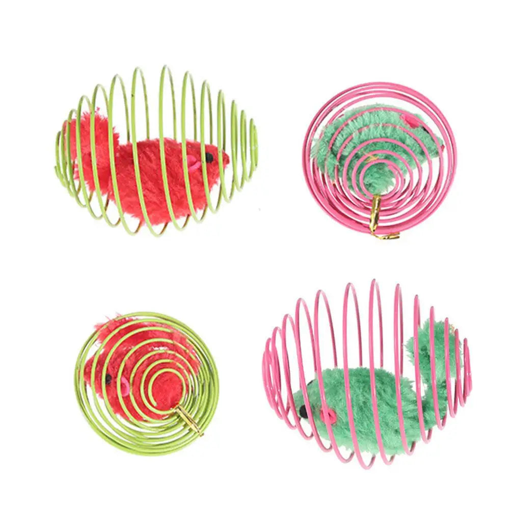 Interactive Caged Spring Cat Toy Ball with Mouse – Random Color