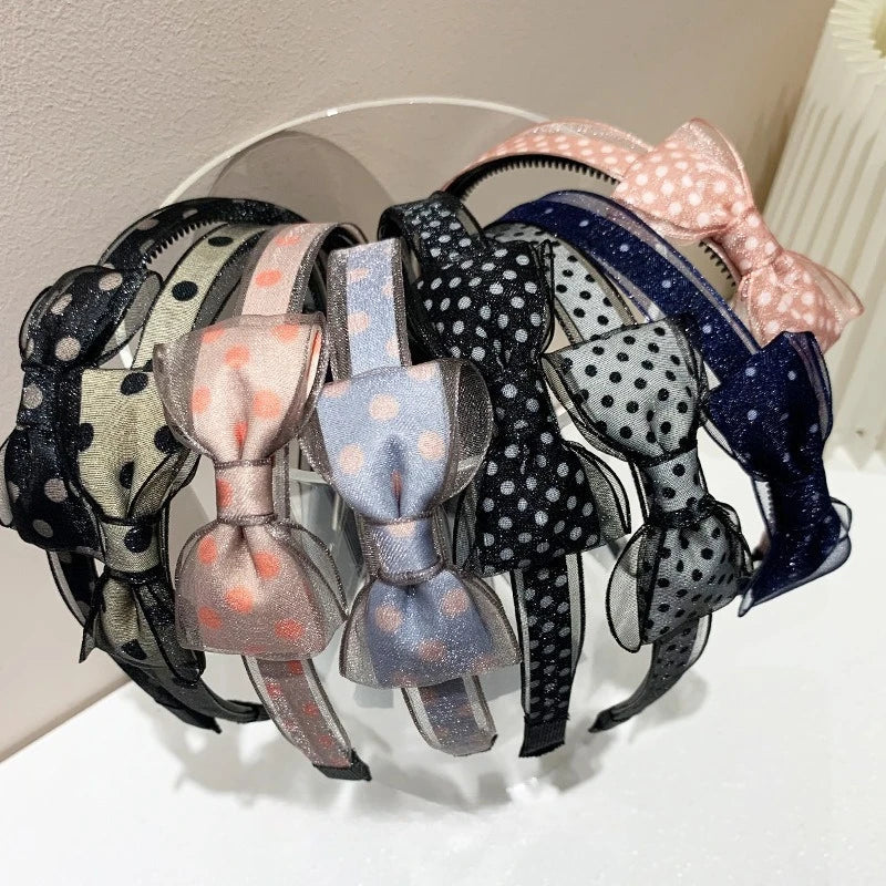 Vintage Polka Dot Organza Bow Headband – Sheer Mesh Hair Hoop