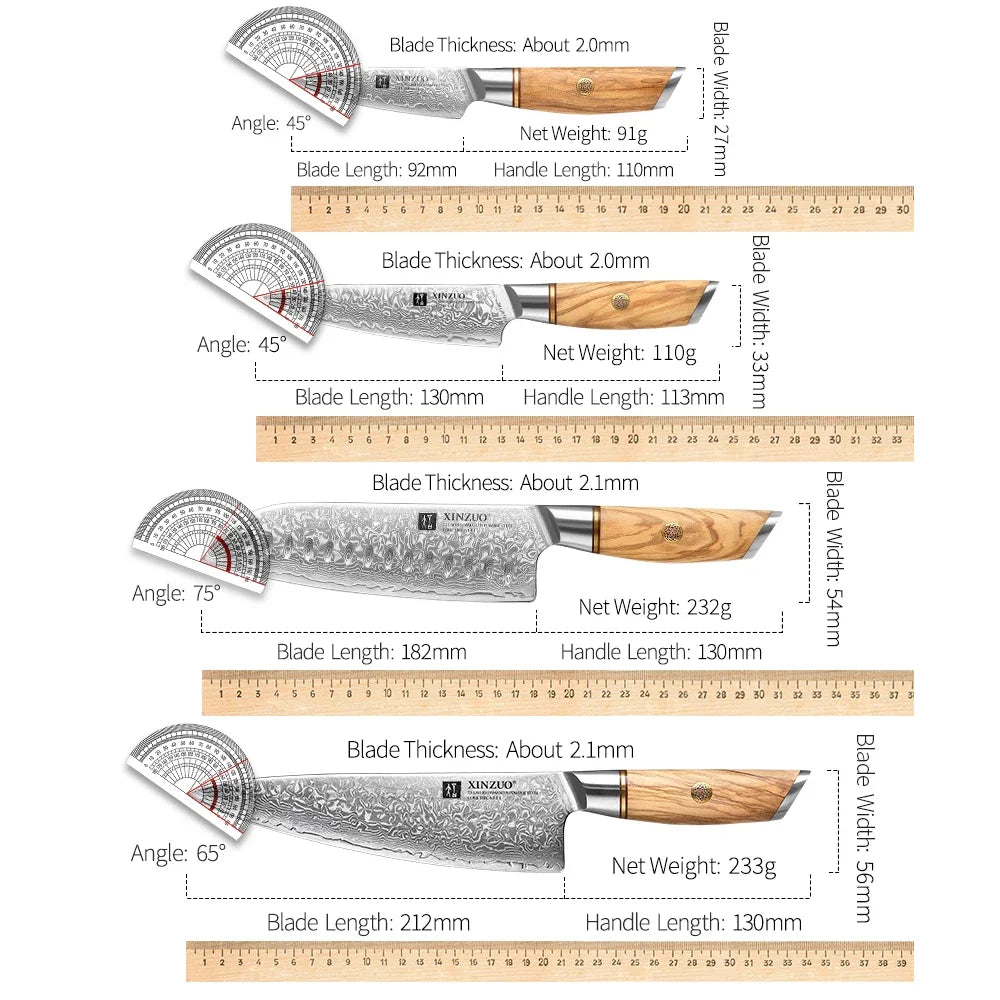 XINZUO 8-Pc Damascus Steel Knife Set – Olive Wood Handles