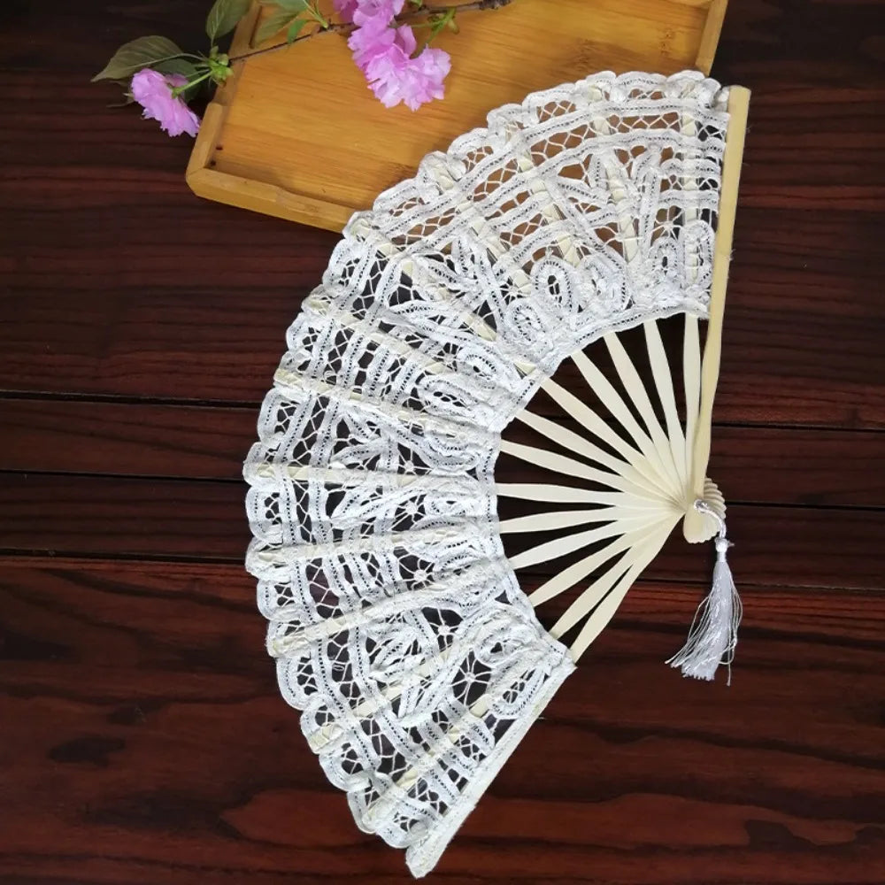 Bamboo Lace Folding Hand Fan with Tassel – Vintage Style