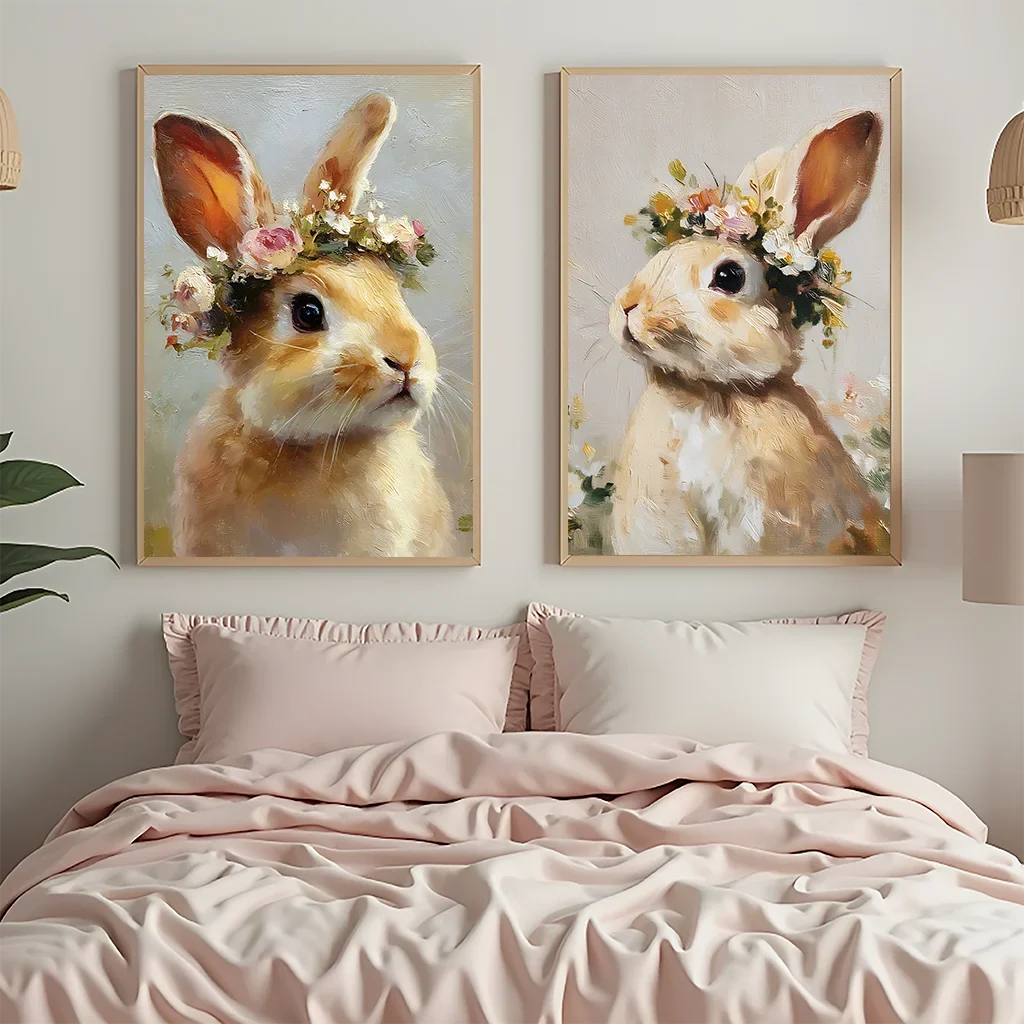 Vintage Floral Rabbit Canvas Wall Art | Bunny Flower Crown Print