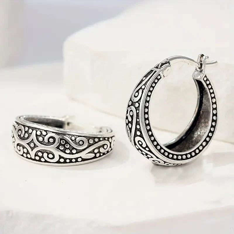 Huitan Antique Silver Geometric Hoop Earrings | Vintage Women