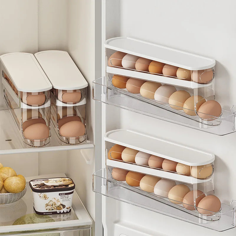 2-Tier Auto-Roll Egg Holder – Fridge & Countertop Organizer