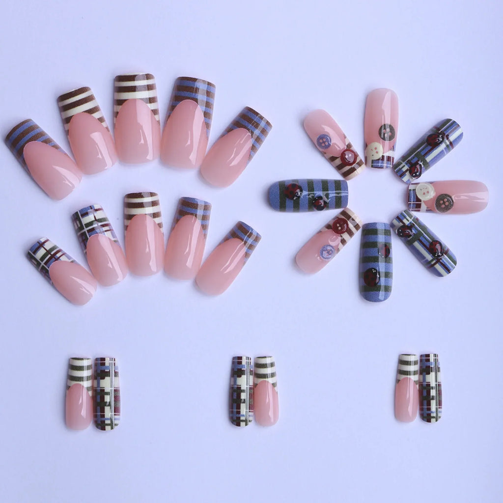24pc 3D Ladybug Press On Nails – French Striped Y2K Style