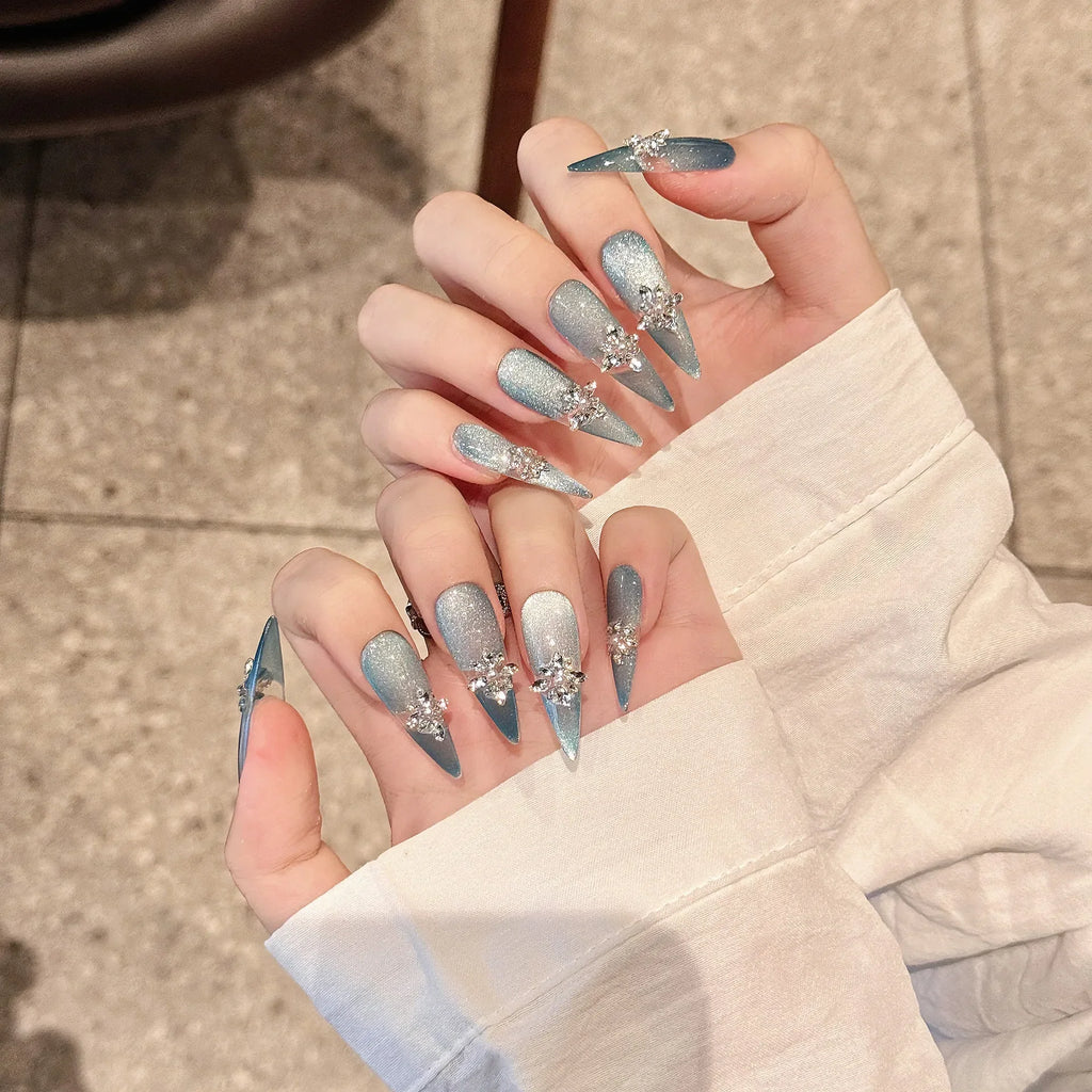 Handmade Glitter Blue Cat Eye Press On Nails – Gold Crystal