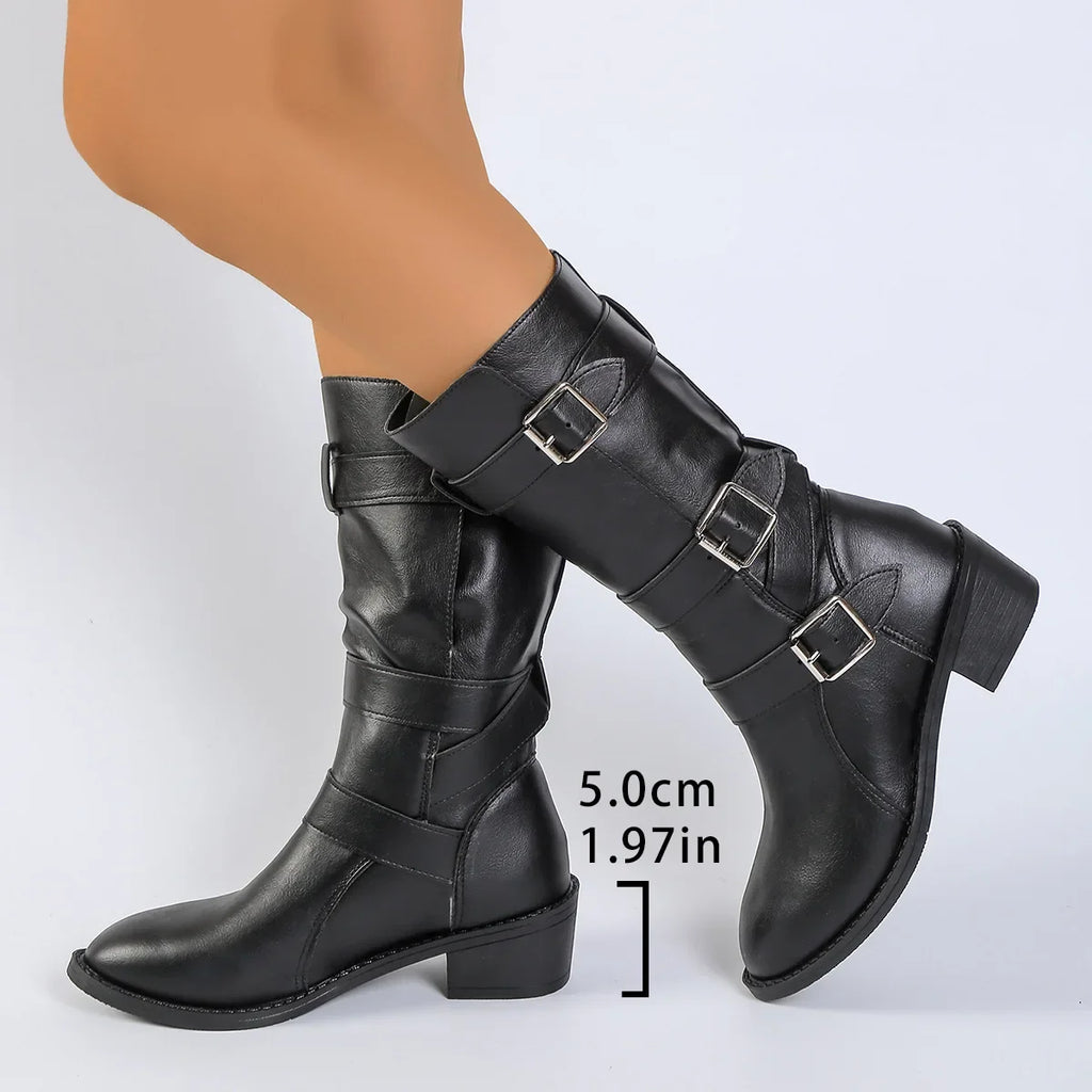 Women's Chunky Heel Mid-Calf Boots | Buckle Vintage Style